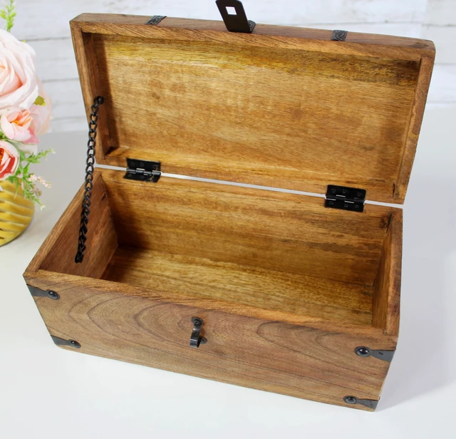 Alt view image 7 of 7 - Treasure Chest Wooden Box with Antique Iron Lock and Skeleton Key (Medium 12.5x6x5.5) - Storage and Decor Pirate Chest, Decorative Storage Chest with Hinged Lid, Wood Treasure Box