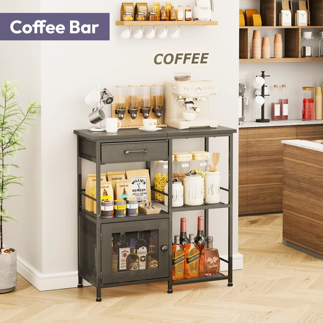 Alt view image 4 of 7 - Coffee Bar Cabinet for Home - Farmhouse Coffee Stand Station Multi-Purpose Storage Cabinet with Adjustable Feet, Drawers - Kitchen Bar Table for Living Room, Corner, Small Space, Black