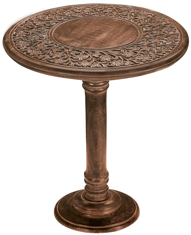 Main image of SideTable in Solid Wood With Hand Carving,End Table,Livingroom Table 18x22 | 100% solid mango wood, hand-carved pedestal base, farmhouse-rustic finish, 18 in round x 22 in high, easy assembly_Burnt