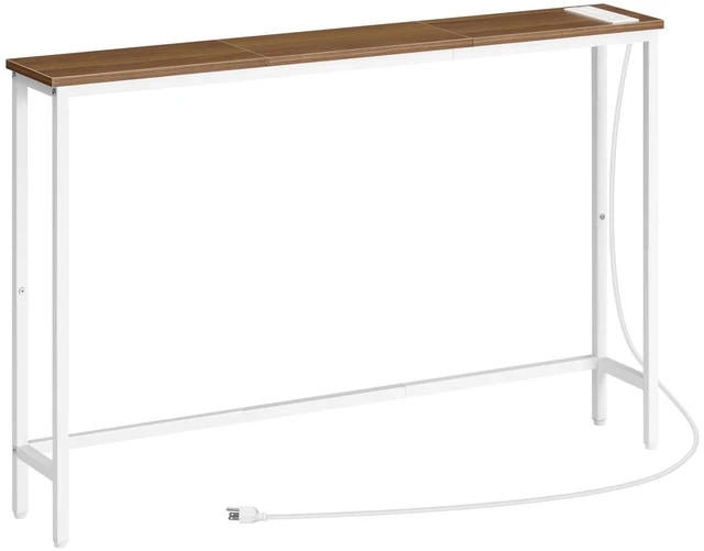 Main image of Narrow Console Table with Power Outlets, 44.9 Inches Sofa Table Slim | Behind Couch Table, Entryway Table with Display Shelf, for Living Room, Foyer, Hallway, Walnut and White WH114UXG01