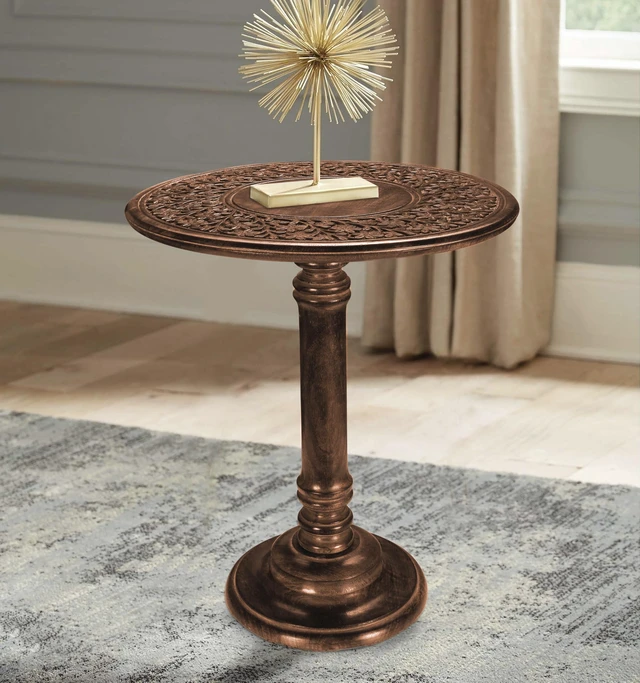 Alt view image 3 of 7 - SideTable in Solid Wood With Hand Carving,End Table,Livingroom Table 18x22 | 100% solid mango wood, hand-carved pedestal base, farmhouse-rustic finish, 18 in round x 22 in high, easy assembly_Burnt