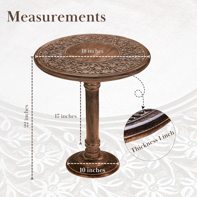 Alt view image 2 of 7 - SideTable in Solid Wood With Hand Carving,End Table,Livingroom Table 18x22 | 100% solid mango wood, hand-carved pedestal base, farmhouse-rustic finish, 18 in round x 22 in high, easy assembly_Burnt