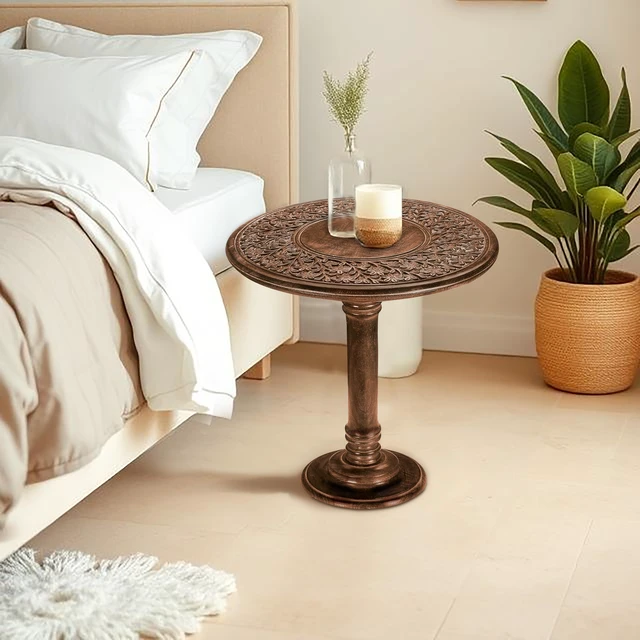 Alt view image 4 of 7 - SideTable in Solid Wood With Hand Carving,End Table,Livingroom Table 18x22 | 100% solid mango wood, hand-carved pedestal base, farmhouse-rustic finish, 18 in round x 22 in high, easy assembly_Burnt