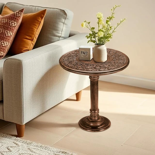 Alt view image 5 of 7 - SideTable in Solid Wood With Hand Carving,End Table,Livingroom Table 18x22 | 100% solid mango wood, hand-carved pedestal base, farmhouse-rustic finish, 18 in round x 22 in high, easy assembly_Burnt