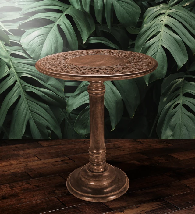 Alt view image 6 of 7 - SideTable in Solid Wood With Hand Carving,End Table,Livingroom Table 18x22 | 100% solid mango wood, hand-carved pedestal base, farmhouse-rustic finish, 18 in round x 22 in high, easy assembly_Burnt