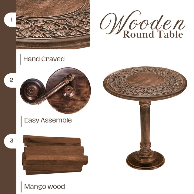Alt view image 7 of 7 - SideTable in Solid Wood With Hand Carving,End Table,Livingroom Table 18x22 | 100% solid mango wood, hand-carved pedestal base, farmhouse-rustic finish, 18 in round x 22 in high, easy assembly_Burnt