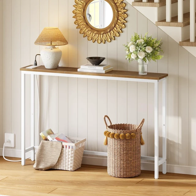 Alt view image 4 of 7 - Narrow Console Table with Power Outlets, 44.9 Inches Sofa Table Slim | Behind Couch Table, Entryway Table with Display Shelf, for Living Room, Foyer, Hallway, Walnut and White WH114UXG01