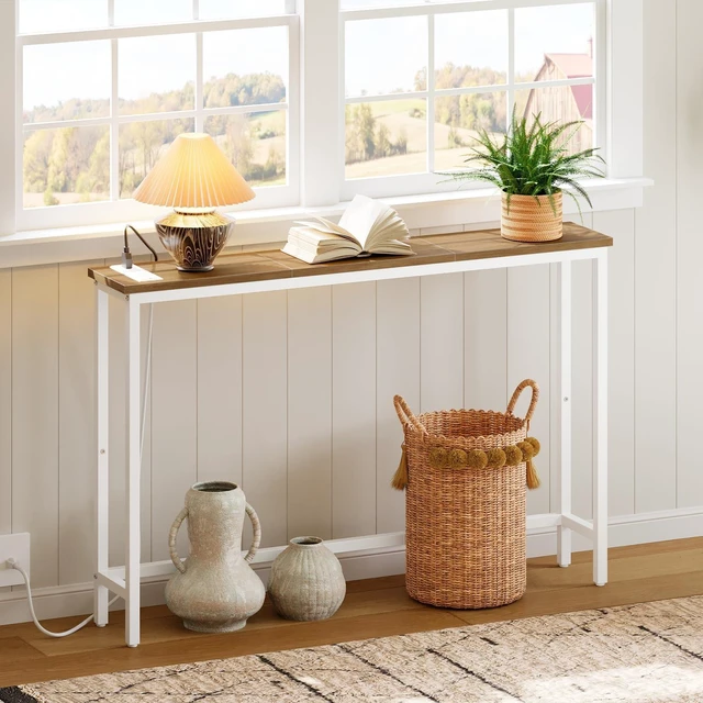 Alt view image 5 of 7 - Narrow Console Table with Power Outlets, 44.9 Inches Sofa Table Slim | Behind Couch Table, Entryway Table with Display Shelf, for Living Room, Foyer, Hallway, Walnut and White WH114UXG01