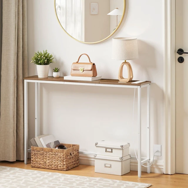 Alt view image 7 of 7 - Narrow Console Table with Power Outlets, 44.9 Inches Sofa Table Slim | Behind Couch Table, Entryway Table with Display Shelf, for Living Room, Foyer, Hallway, Walnut and White WH114UXG01