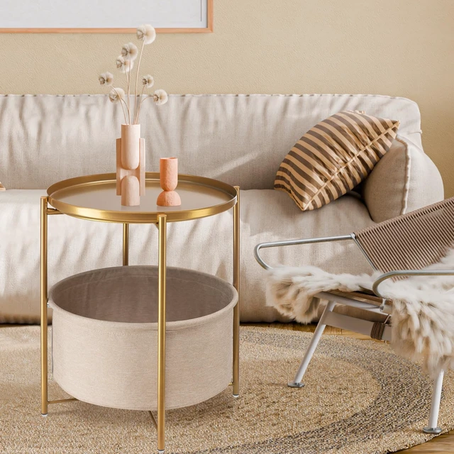 Alt view image 4 of 7 - Gold Side Table with Fabric Storage Basket, Pack of 2 End Table | Metal Modern Nightstand for Small Space, Bedroom, Nursery, Accent Metal Stand with Removable Serving Tray