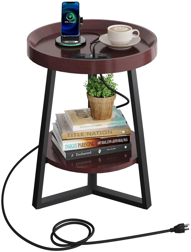 Main image of Small Round Side Table with Charging Station for Living Room Brown | 2 Tier End Table for Bedroom; Sofa Couch Table; Wood Tabletop & Metal Frame