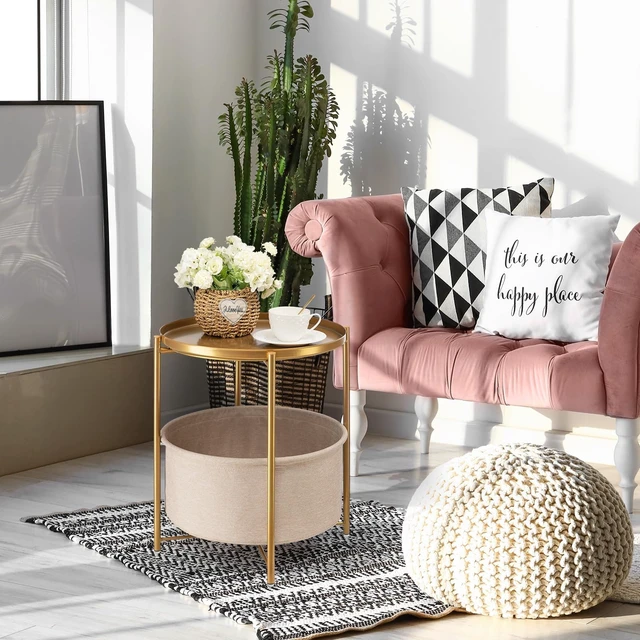 Alt view image 7 of 7 - Gold Side Table with Fabric Storage Basket, Pack of 2 End Table | Metal Modern Nightstand for Small Space, Bedroom, Nursery, Accent Metal Stand with Removable Serving Tray