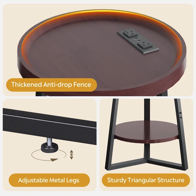Alt view image 4 of 7 - Small Round Side Table with Charging Station for Living Room Brown | 2 Tier End Table for Bedroom; Sofa Couch Table; Wood Tabletop & Metal Frame