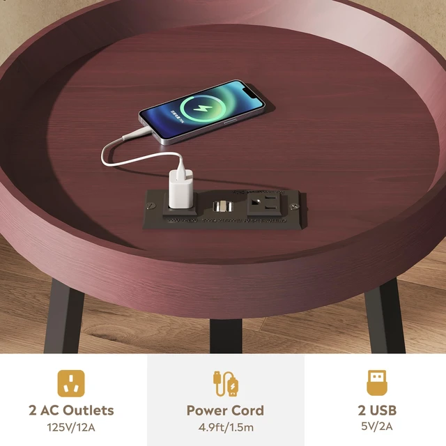 Alt view image 3 of 7 - Small Round Side Table with Charging Station for Living Room Brown | 2 Tier End Table for Bedroom; Sofa Couch Table; Wood Tabletop & Metal Frame