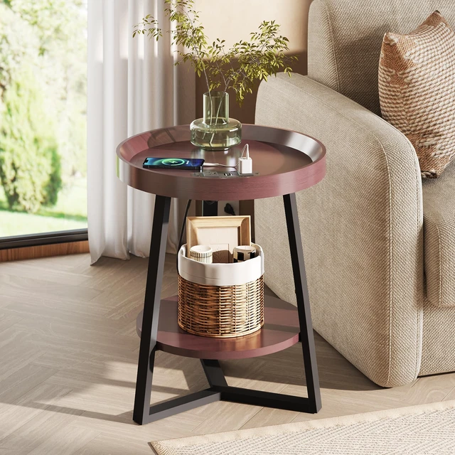 Alt view image 6 of 7 - Small Round Side Table with Charging Station for Living Room Brown | 2 Tier End Table for Bedroom; Sofa Couch Table; Wood Tabletop & Metal Frame