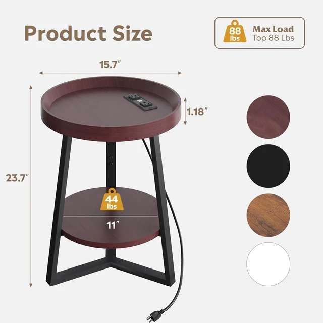 Alt view image 2 of 7 - Small Round Side Table with Charging Station for Living Room Brown | 2 Tier End Table for Bedroom; Sofa Couch Table; Wood Tabletop & Metal Frame