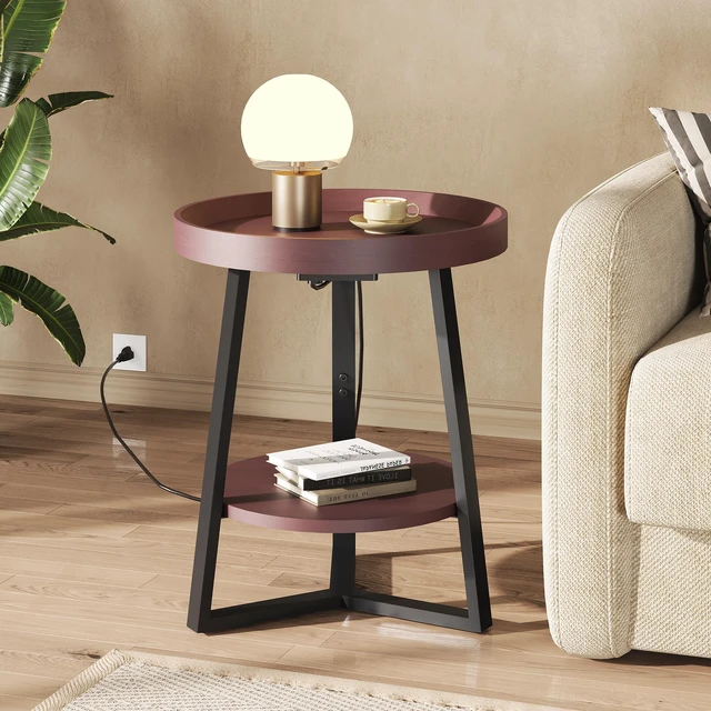 Alt view image 7 of 7 - Small Round Side Table with Charging Station for Living Room Brown | 2 Tier End Table for Bedroom; Sofa Couch Table; Wood Tabletop & Metal Frame