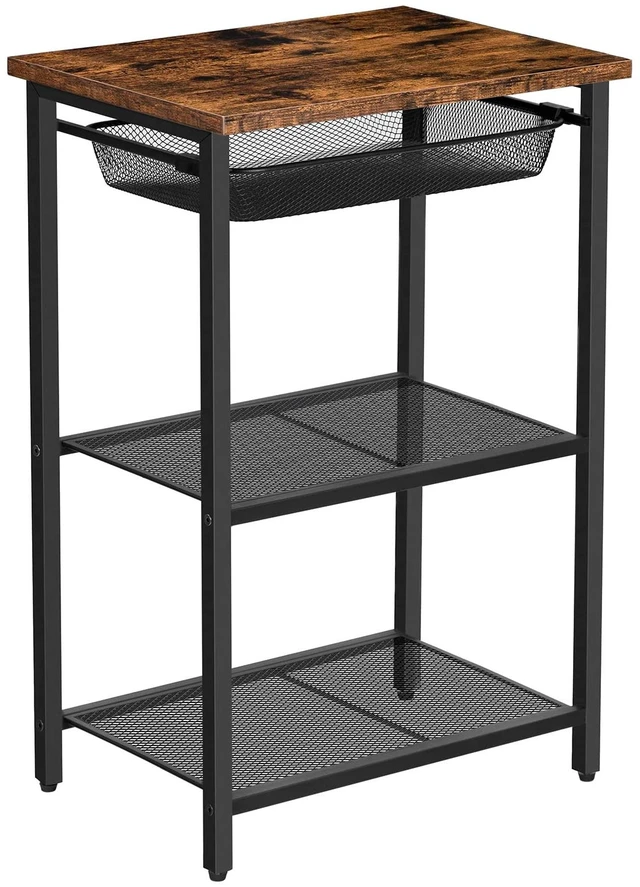 Main image of Tall Side Table, Industrial Tall End Table with Metal Mesh Drawer | Telephone Table with Storage Shelves for Living Room, Bedroom, Hallway, Home Office, Easy Assembly, Rustic Brown and Black