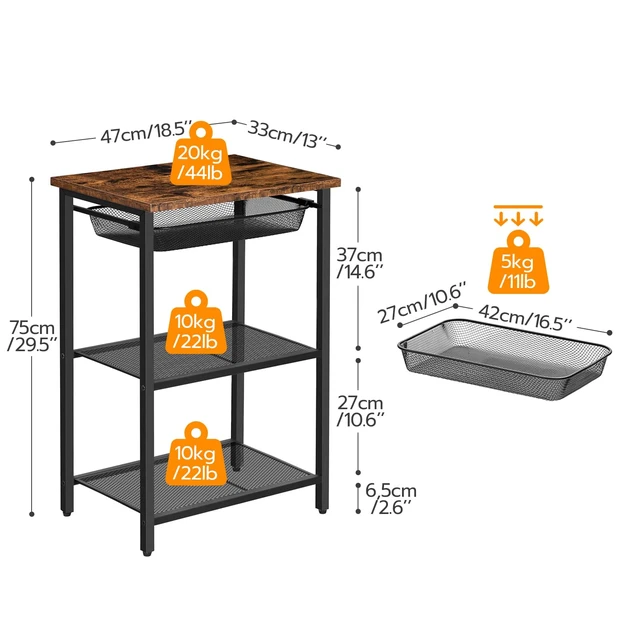 Alt view image 3 of 7 - Tall Side Table, Industrial Tall End Table with Metal Mesh Drawer | Telephone Table with Storage Shelves for Living Room, Bedroom, Hallway, Home Office, Easy Assembly, Rustic Brown and Black