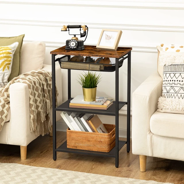 Alt view image 4 of 7 - Tall Side Table, Industrial Tall End Table with Metal Mesh Drawer | Telephone Table with Storage Shelves for Living Room, Bedroom, Hallway, Home Office, Easy Assembly, Rustic Brown and Black