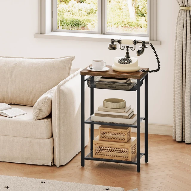 Alt view image 2 of 7 - Tall Side Table, Industrial Tall End Table with Metal Mesh Drawer | Telephone Table with Storage Shelves for Living Room, Bedroom, Hallway, Home Office, Easy Assembly, Rustic Brown and Black