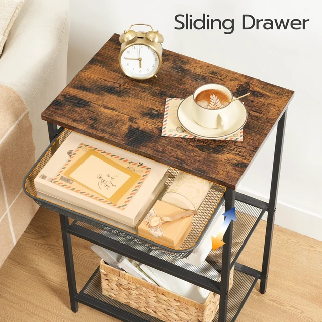 Alt view image 6 of 7 - Tall Side Table, Industrial Tall End Table with Metal Mesh Drawer | Telephone Table with Storage Shelves for Living Room, Bedroom, Hallway, Home Office, Easy Assembly, Rustic Brown and Black
