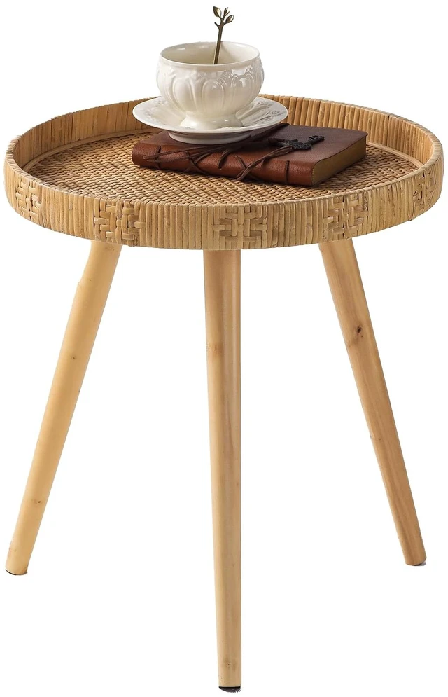 Main image of Round Side Table, Boho Circle End Table Coffee Table with Solid Wood Leg, Rattan Side Tables Living Room for Small Spaces, Bedroom, Corners