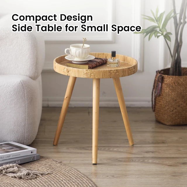 Alt view image 2 of 7 - Round Side Table, Boho Circle End Table Coffee Table with Solid Wood Leg, Rattan Side Tables Living Room for Small Spaces, Bedroom, Corners