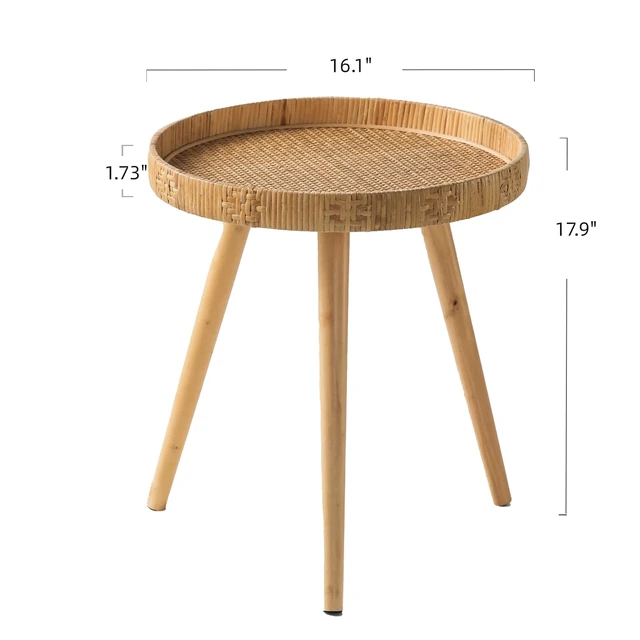 Alt view image 4 of 7 - Round Side Table, Boho Circle End Table Coffee Table with Solid Wood Leg, Rattan Side Tables Living Room for Small Spaces, Bedroom, Corners
