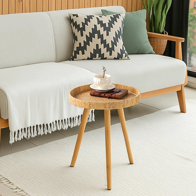 Alt view image 7 of 7 - Round Side Table, Boho Circle End Table Coffee Table with Solid Wood Leg, Rattan Side Tables Living Room for Small Spaces, Bedroom, Corners
