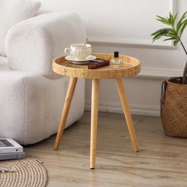 Alt view image 5 of 7 - Round Side Table, Boho Circle End Table Coffee Table with Solid Wood Leg, Rattan Side Tables Living Room for Small Spaces, Bedroom, Corners