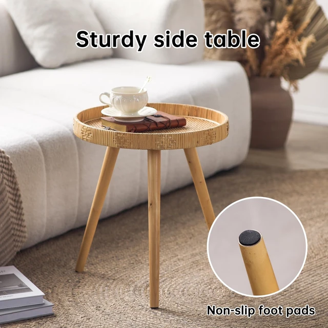 Alt view image 6 of 7 - Round Side Table, Boho Circle End Table Coffee Table with Solid Wood Leg, Rattan Side Tables Living Room for Small Spaces, Bedroom, Corners