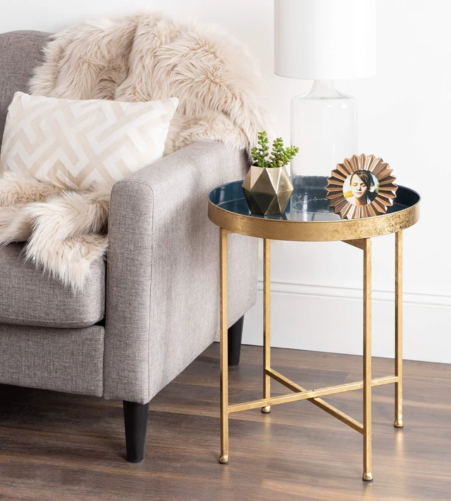 Alt view image 4 of 7 - Celia Metal Foldable Round Accent Table, 18.25" x 18.25" x 22", Navy Surface and Gold Frame, Modern Minimalist Design and Detachable Magnetic Tabletop