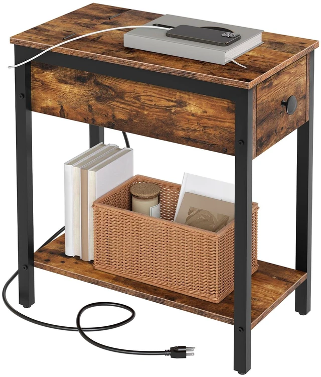 Main image of End Table with Charging Station, Narrow Side Table, Small Nightstand, Bedside Tables with Drawer and Storage Shelves, for Small Spaces, Living Room, Bedroom, Rustic Brown and Black BF041BZ01G1