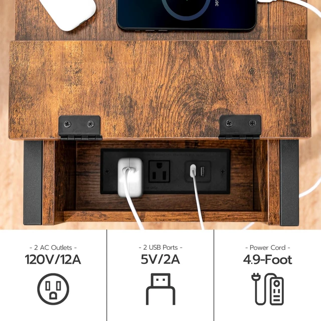 Alt view image 4 of 7 - End Table with Charging Station, Narrow Side Table, Small Nightstand, Bedside Tables with Drawer and Storage Shelves, for Small Spaces, Living Room, Bedroom, Rustic Brown and Black BF041BZ01G1
