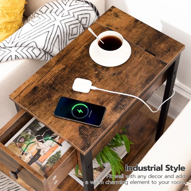Alt view image 5 of 7 - End Table with Charging Station, Narrow Side Table, Small Nightstand, Bedside Tables with Drawer and Storage Shelves, for Small Spaces, Living Room, Bedroom, Rustic Brown and Black BF041BZ01G1