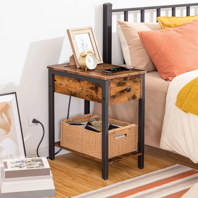 Alt view image 6 of 7 - End Table with Charging Station, Narrow Side Table, Small Nightstand, Bedside Tables with Drawer and Storage Shelves, for Small Spaces, Living Room, Bedroom, Rustic Brown and Black BF041BZ01G1
