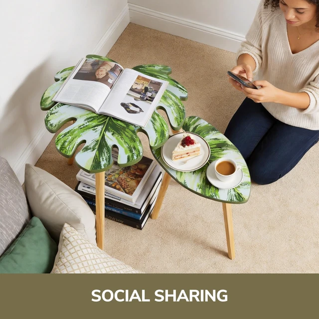 Alt view image 3 of 7 - Monstera Leaf Nesting Tables Set of 2, Small Side Tables f Set with Leaf Vein Pattern, Modern Wooden CoffeeTables for Living Room Bedroom Apartment Balcony Yard