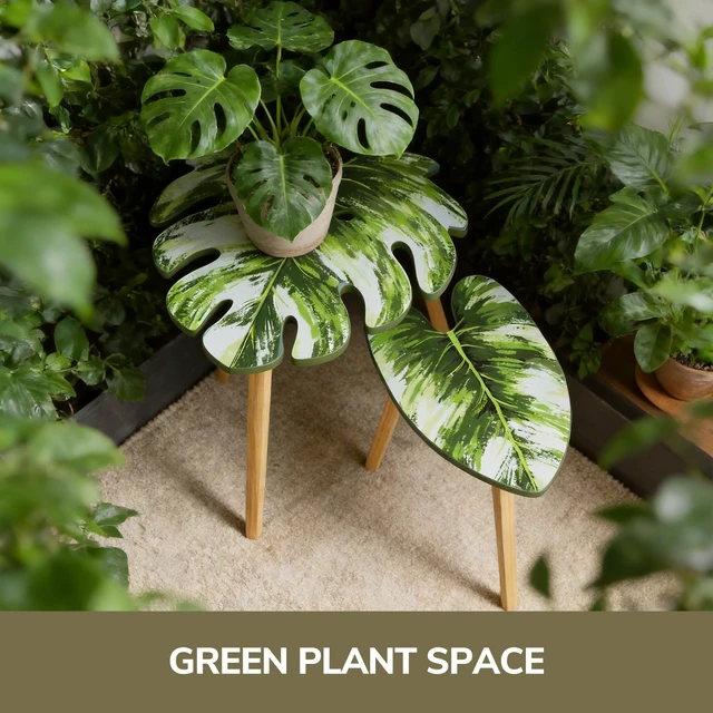 Alt view image 4 of 7 - Monstera Leaf Nesting Tables Set of 2, Small Side Tables f Set with Leaf Vein Pattern, Modern Wooden CoffeeTables for Living Room Bedroom Apartment Balcony Yard