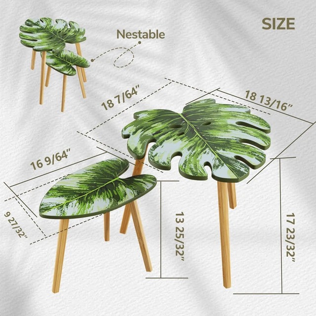 Alt view image 7 of 7 - Monstera Leaf Nesting Tables Set of 2, Small Side Tables f Set with Leaf Vein Pattern, Modern Wooden CoffeeTables for Living Room Bedroom Apartment Balcony Yard