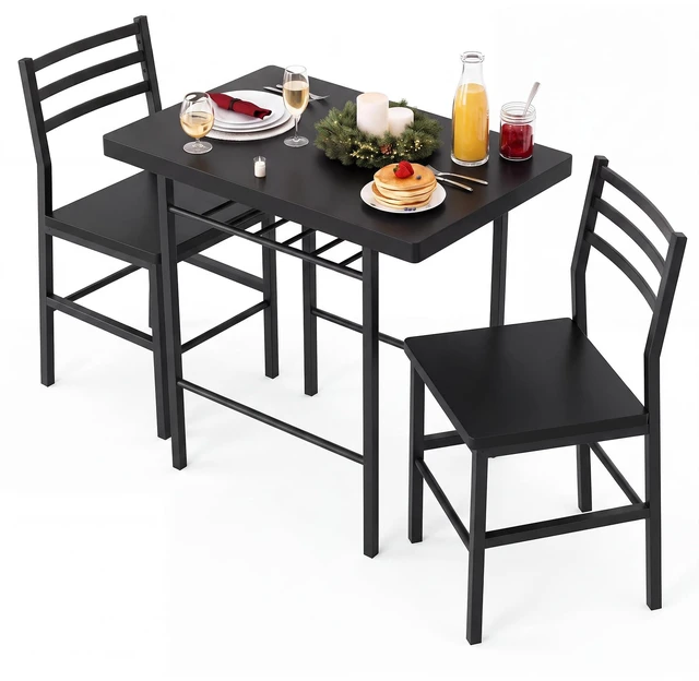 Main image of 3-Piece Dining Table Set for 2, Kitchen Breakfast Nook Set, Black | 2 Chairs & Rectangular Tabletop, Space Saving Wooden Furniture Metal Frame and Built-in Wine Rack