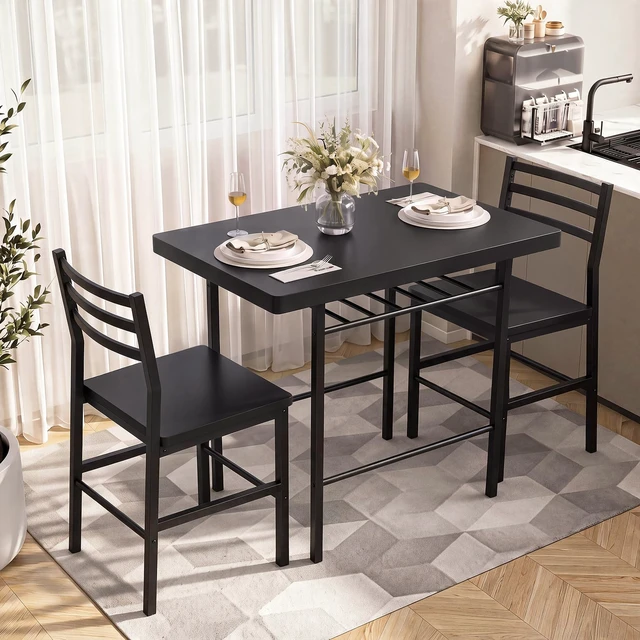 Alt view image 2 of 7 - 3-Piece Dining Table Set for 2, Kitchen Breakfast Nook Set, Black | 2 Chairs & Rectangular Tabletop, Space Saving Wooden Furniture Metal Frame and Built-in Wine Rack