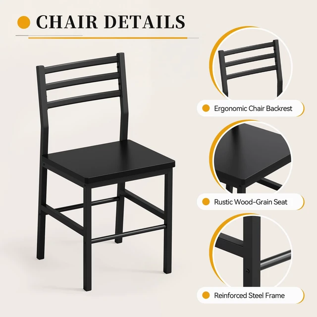 Alt view image 5 of 7 - 3-Piece Dining Table Set for 2, Kitchen Breakfast Nook Set, Black | 2 Chairs & Rectangular Tabletop, Space Saving Wooden Furniture Metal Frame and Built-in Wine Rack