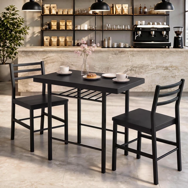 Alt view image 3 of 7 - 3-Piece Dining Table Set for 2, Kitchen Breakfast Nook Set, Black | 2 Chairs & Rectangular Tabletop, Space Saving Wooden Furniture Metal Frame and Built-in Wine Rack