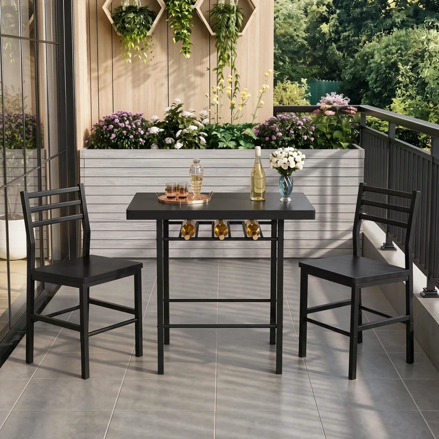 Alt view image 4 of 7 - 3-Piece Dining Table Set for 2, Kitchen Breakfast Nook Set, Black | 2 Chairs & Rectangular Tabletop, Space Saving Wooden Furniture Metal Frame and Built-in Wine Rack