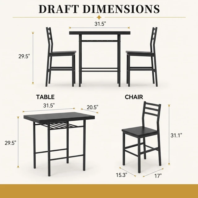 Alt view image 7 of 7 - 3-Piece Dining Table Set for 2, Kitchen Breakfast Nook Set, Black | 2 Chairs & Rectangular Tabletop, Space Saving Wooden Furniture Metal Frame and Built-in Wine Rack