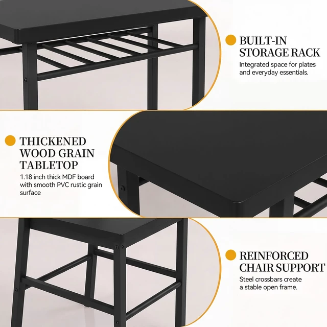 Alt view image 6 of 7 - 3-Piece Dining Table Set for 2, Kitchen Breakfast Nook Set, Black | 2 Chairs & Rectangular Tabletop, Space Saving Wooden Furniture Metal Frame and Built-in Wine Rack