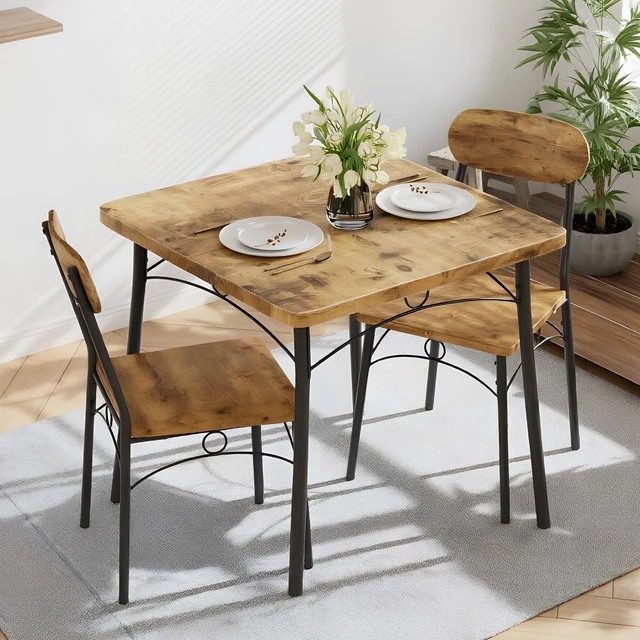 Main image of 3 Piece Small Dining Table Set for 2, Metal and Wood Square Kitchen Dinette for Breakfast Nook, Dining Room, Apartment, Saving Space, Rustic Brown
