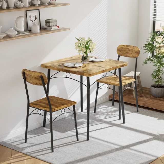 Alt view image 2 of 7 - 3 Piece Small Dining Table Set for 2, Metal and Wood Square Kitchen Dinette for Breakfast Nook, Dining Room, Apartment, Saving Space, Rustic Brown