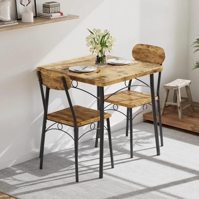Alt view image 3 of 7 - 3 Piece Small Dining Table Set for 2, Metal and Wood Square Kitchen Dinette for Breakfast Nook, Dining Room, Apartment, Saving Space, Rustic Brown